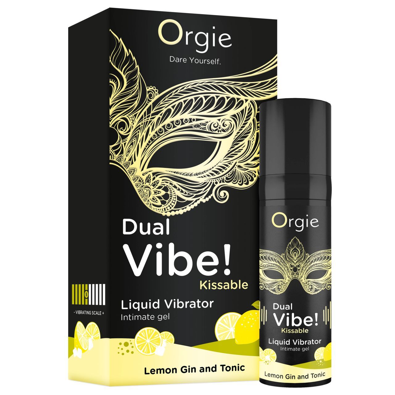 Schwarze Verpackung und Flasche mit Produktnamen Orgie Dual Vibe! Kissable Liquid Vibrator. Gelbe Maske und Zitrone-Grafiken.