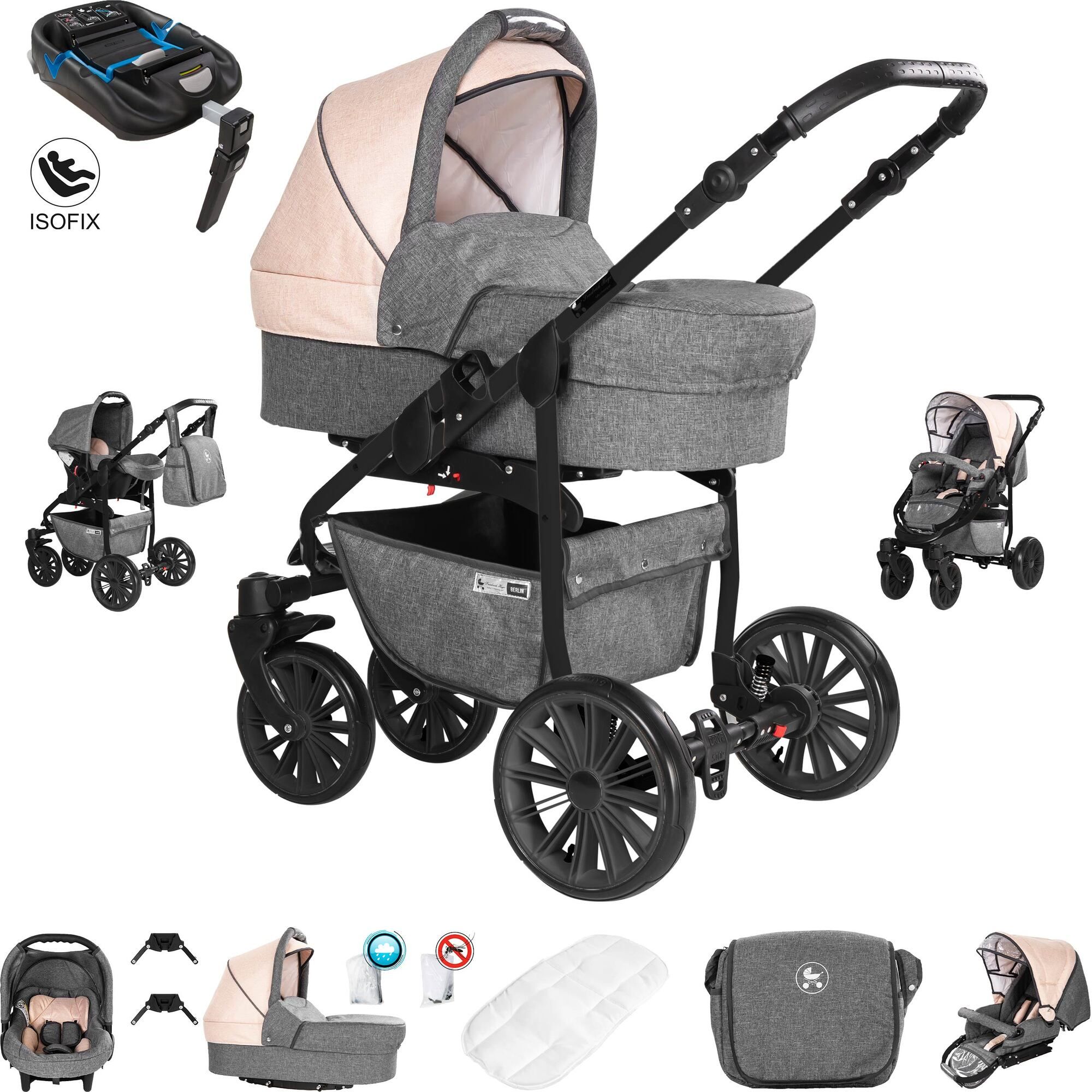 Friedrich Hugo Berlin 4 in 1 Kinderwagen & Isofix Luftreifen, Grey and Beige Night