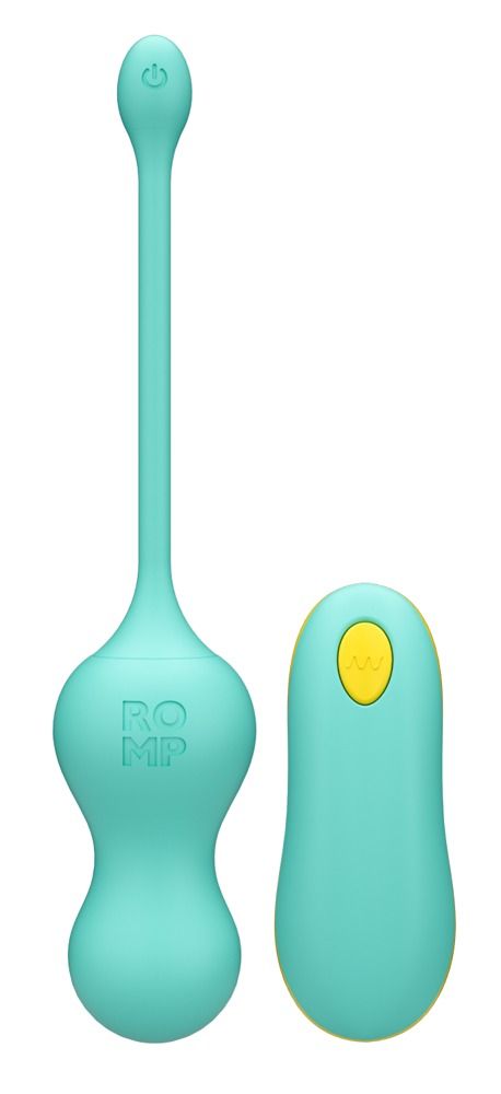 Türkiser Vibrator mit Fernbedienung. Der Vibrator hat eine geschwungene Form und ein Power-Symbol.