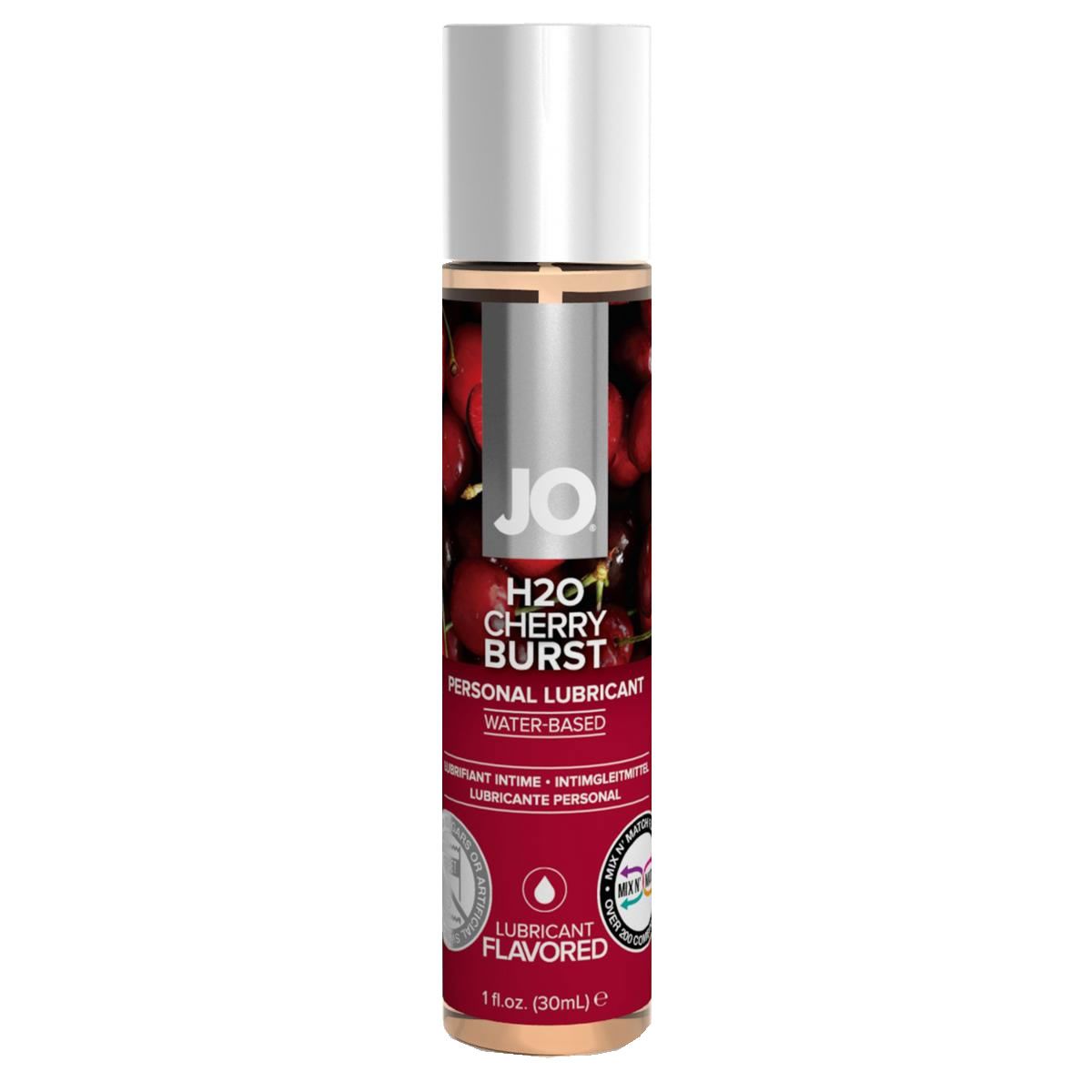 Zylindrische Flasche mit silbernem Deckel. Aufschrift: JO H2O Cherry Burst, Personal Lubricant, Water-Based. Kirschmotiv.