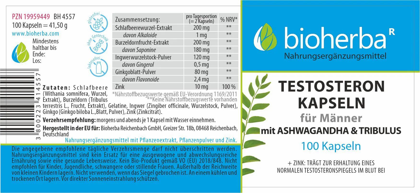 Produktetikett mit Inhaltsstoffen und Nährwertangaben. Text: Bioherba Testosteron Kapseln für Männer mit Ashwagandha & Tribulus, 100 Kapseln.