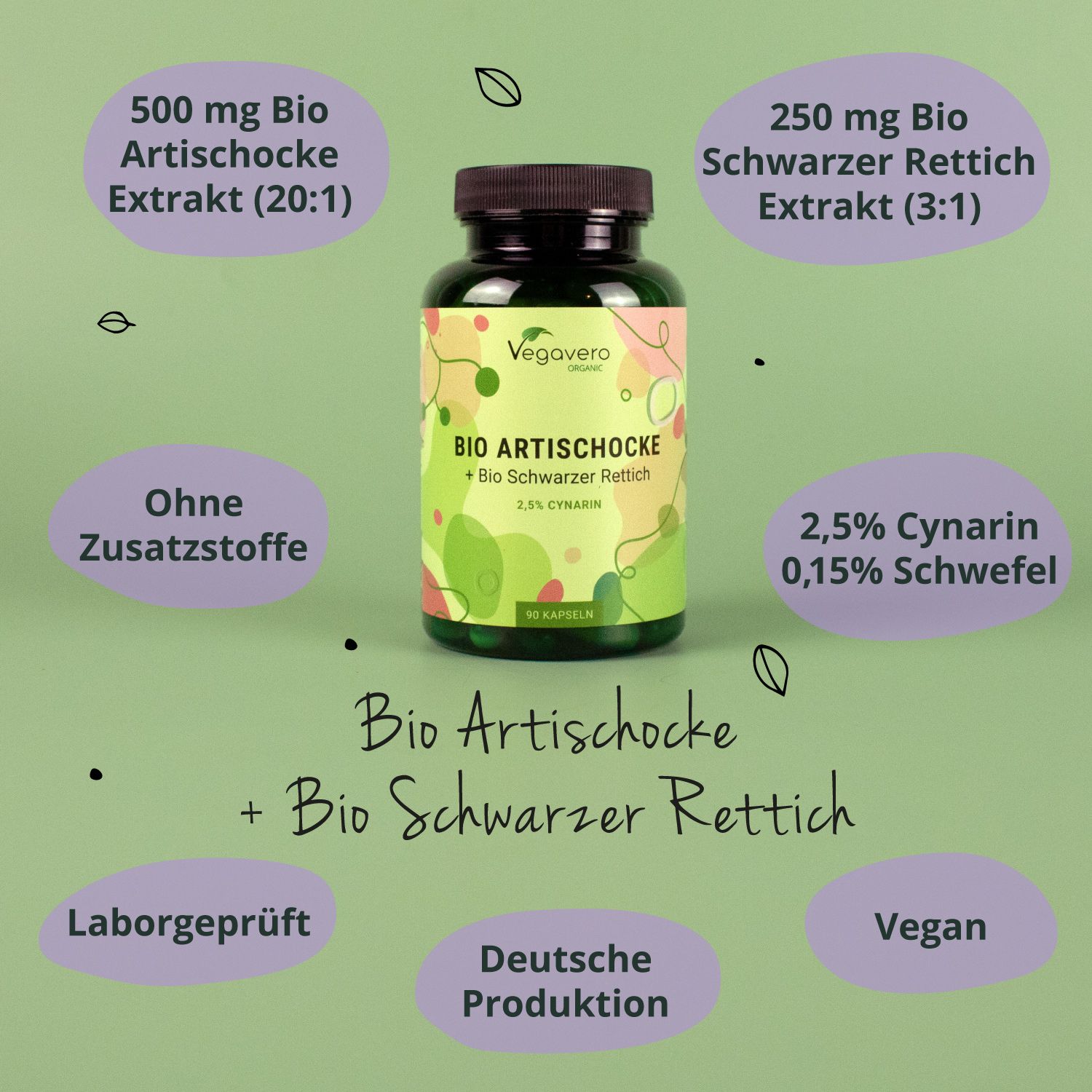 Grüne Infografik mit Produktinformationen. Text: BIO ARTISCHOCKE + Bio Schwarzer Rettich. Vegan, Laborgeprüft, Deutsche Produktion.