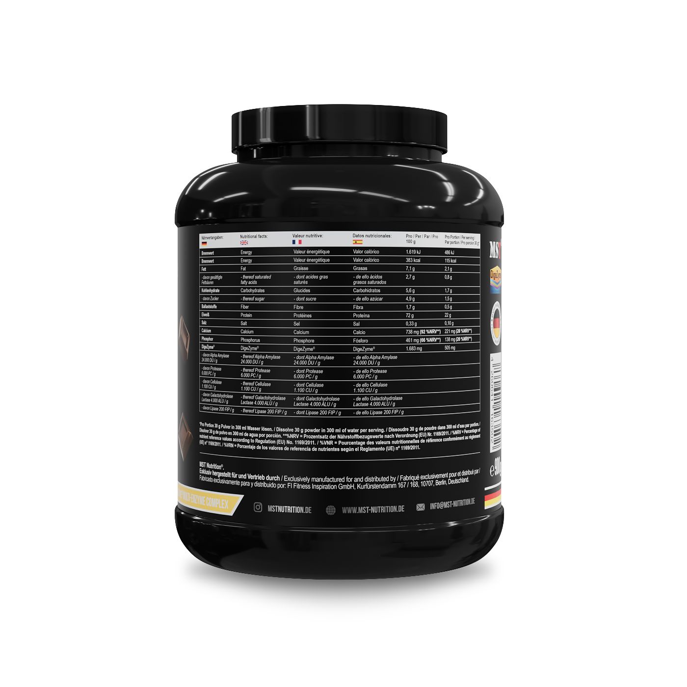 Schwarze Dose mit Nährwertangaben. 30 Portionen, 900 ml. MST-Nutrition Logo. Text in Deutsch, Französisch, Italienisch.