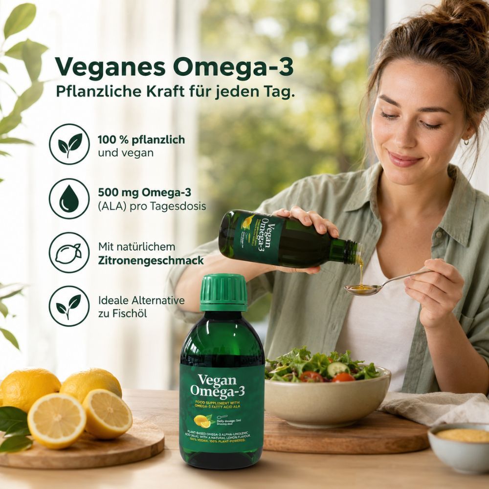 Frau gibt veganes Omega-3-Öl mit Zitrone aus einer Flasche auf einen Löffel über einer Salatschüssel.