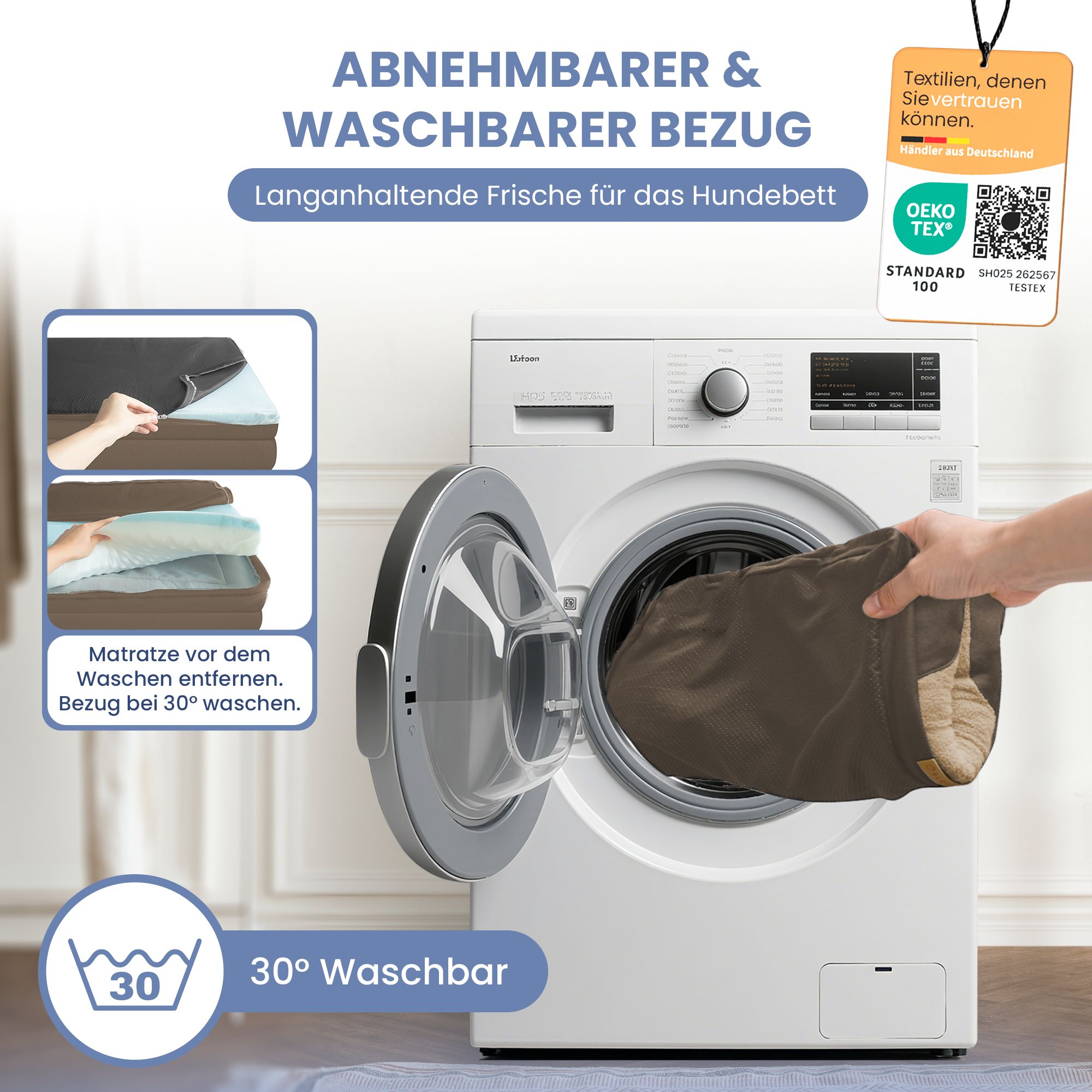 Hundebettbezug in Waschmaschine. Abnehmbar und waschbar. 30°C. Oeko-Tex Standard 100.
