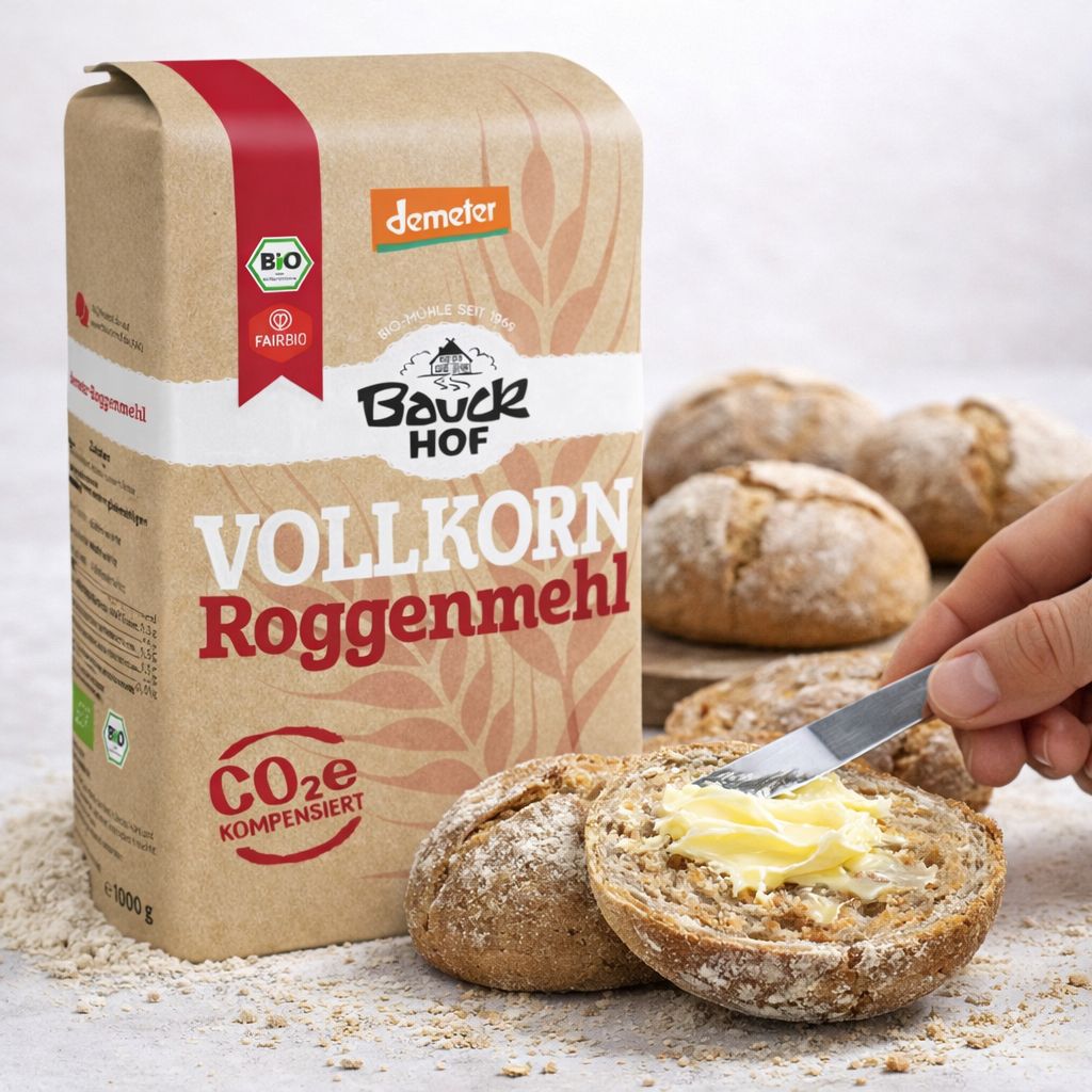 Bauck Mühle Vollkorn Roggenmehl Demeter Bio in Papiertüte, daneben aufgeschnittenes Brötchen mit Butter.