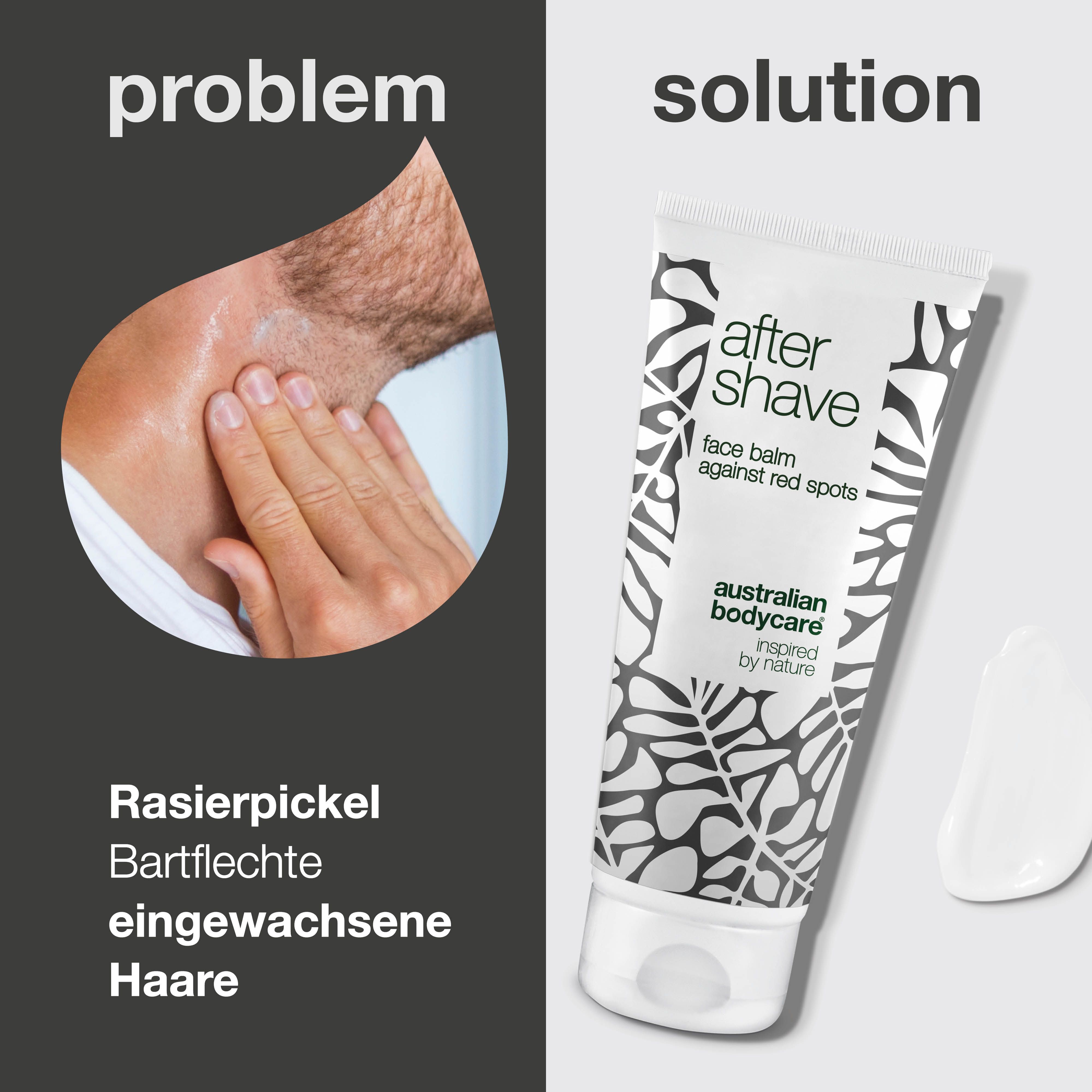 Produkt und Anwendung. Tube After Shave Balsam neben Hand, die Balsam aufträgt. Text: After Shave, face balm against red spots, Australian Bodycare.
