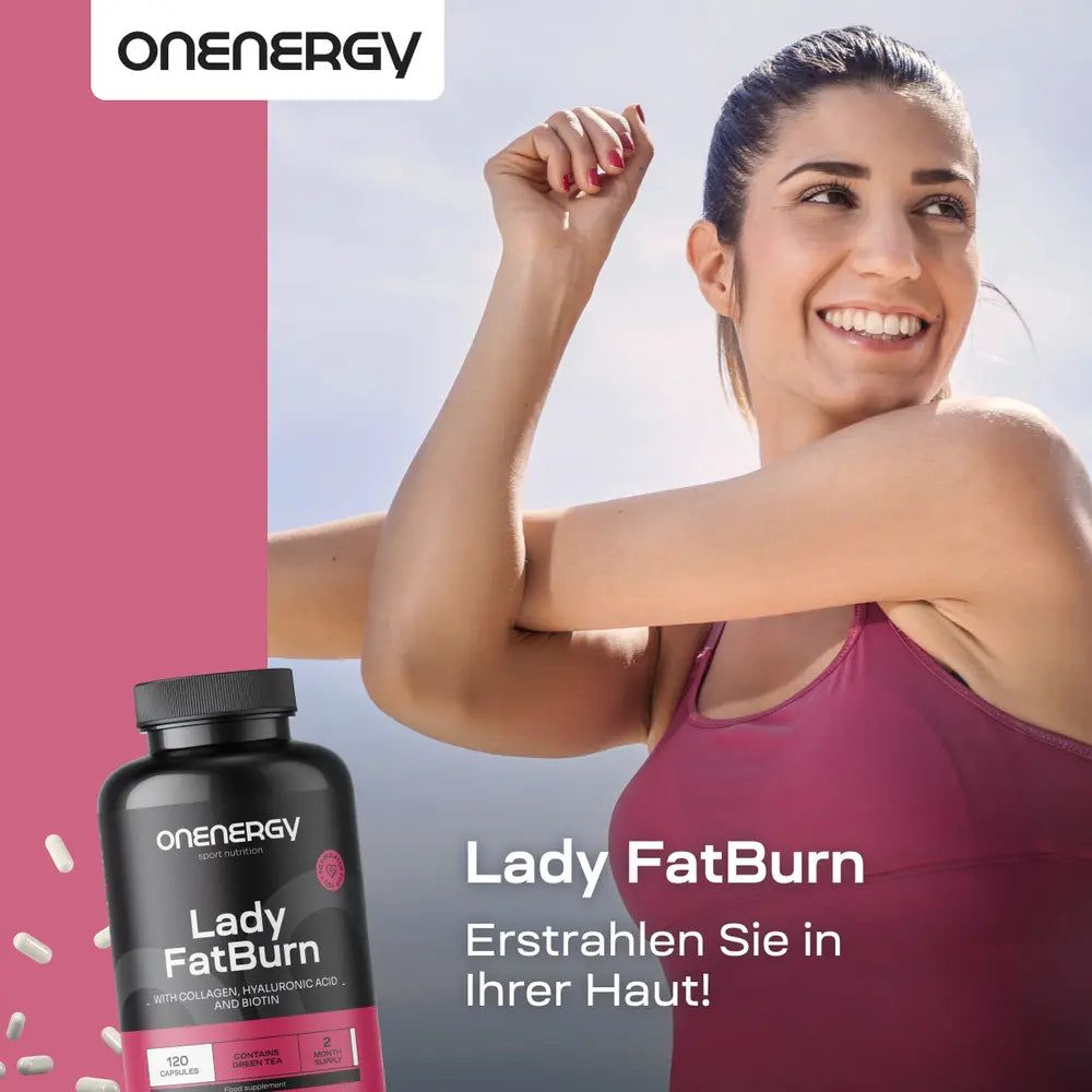 Werbebild mit Frau und Produkt. Flasche: OnEnergy Lady FatBurn. Enthält Kollagen, Hyaluronsäure, Biotin. 120 Kapseln. Rosa Hintergrund.