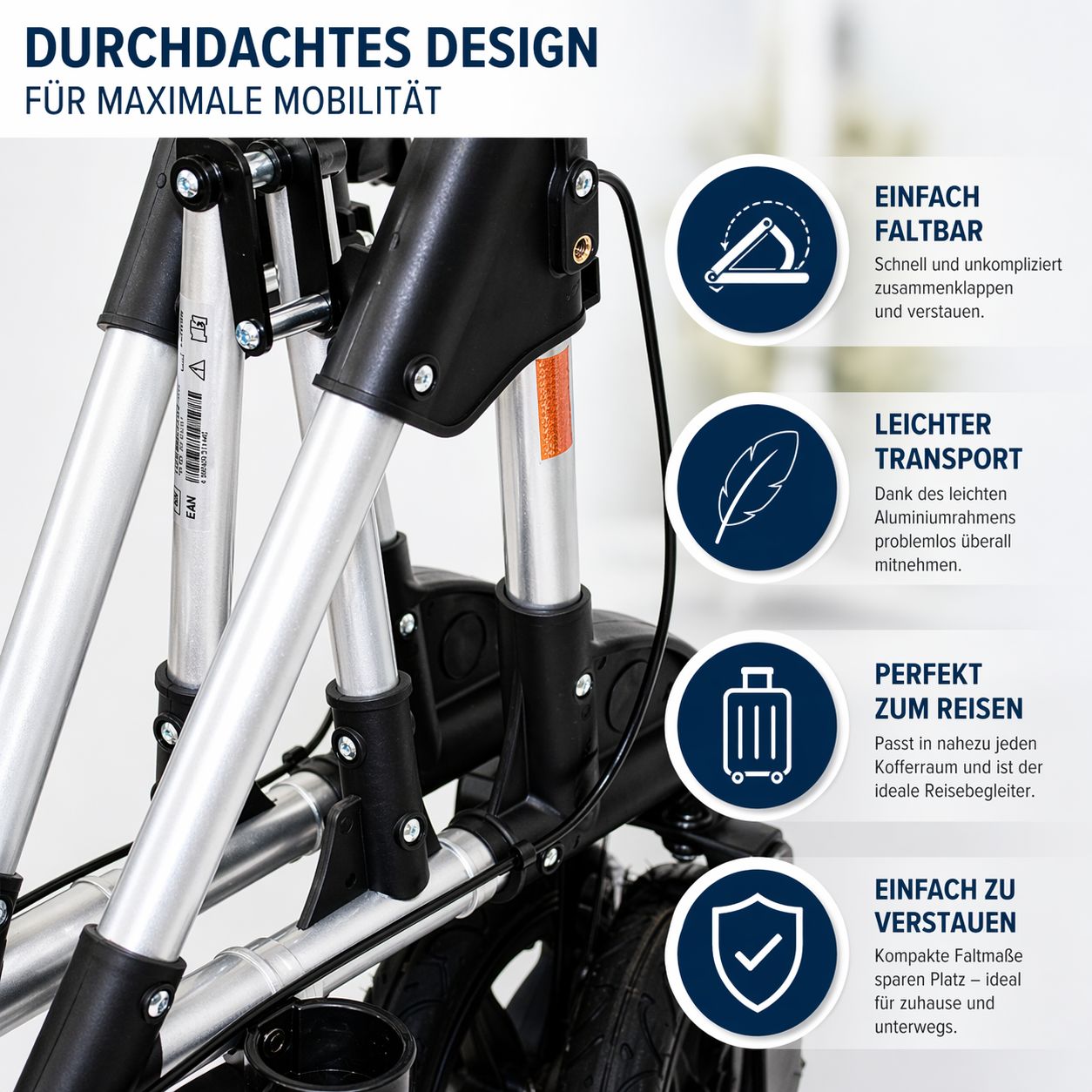 Nahaufnahme eines zusammengeklappten Rollators. Marke LÖSCH. Silberfarbenes Gestell, schwarze Details.