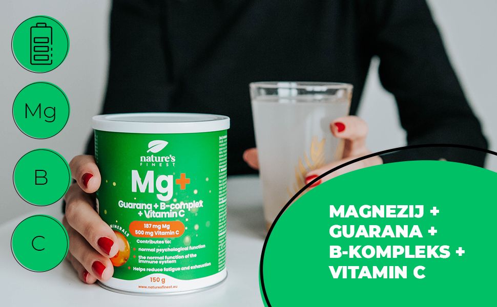 Person hält Dose "Nature's Finest Mg+" neben Glas. Aufschrift: Guarana, B-Komplex, Vitamin C. Grüne Symbole mit Buchstaben.