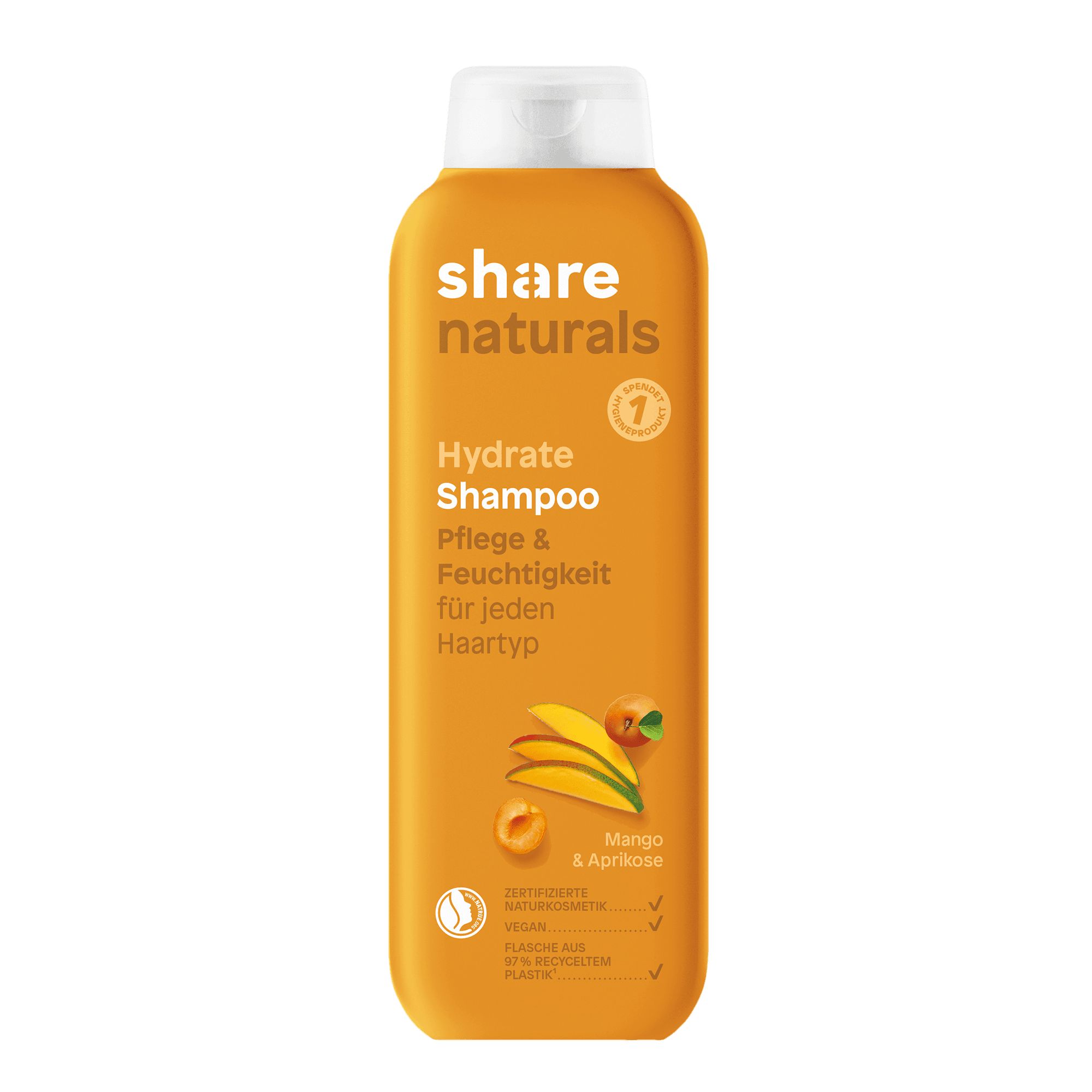 Orangefarbene Shampoo-Flasche. Aufschrift: Hydrate Shampoo, Pflege & Feuchtigkeit. Mit Mango & Aprikose. Vegan.