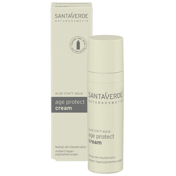 Creme-Flakon. SANTAVERDE, age protect cream. Aufschrift: Aloe statt Aqua. Text: 30ml. Vegan.