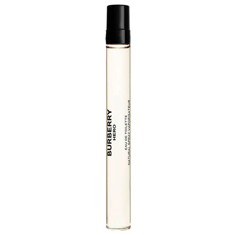 Kleine Sprühflasche mit schwarzem Deckel. Aufschrift: Burberry Hero.