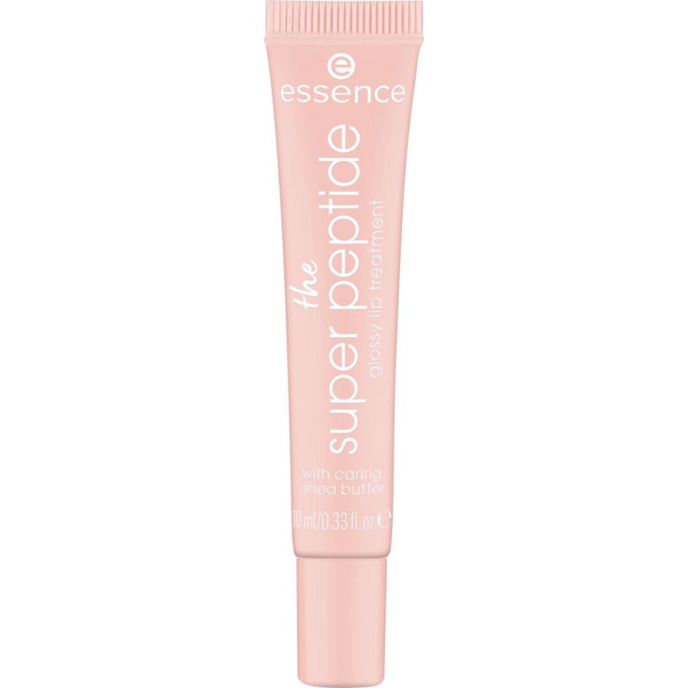 Rosa Tube mit Produktnamen und Schriftzug. Der Aufdruck beinhaltet "Essence", "the super peptide", "glossy lip treatment".