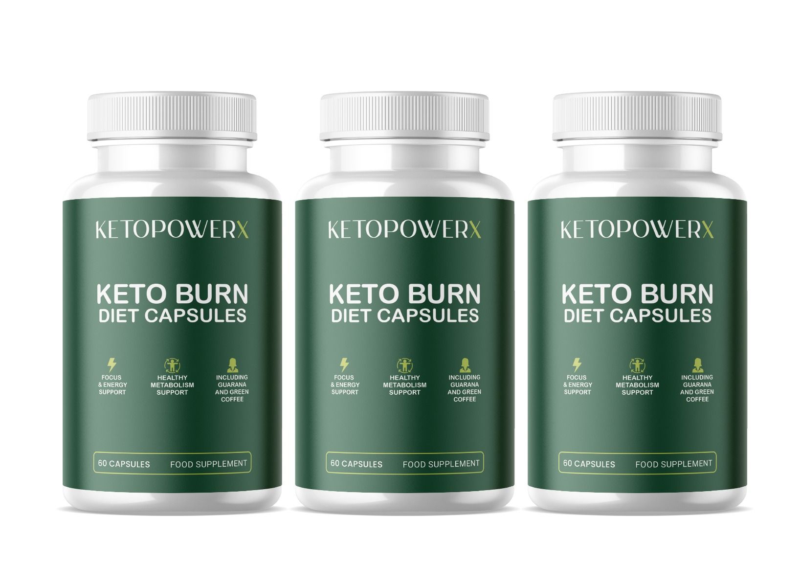 Drei weiße Flaschen mit grünem Etikett. Auf dem Etikett steht "KETOPOWERX" und "KETO BURN DIET CAPSULES". Enthält 60 Kapseln.