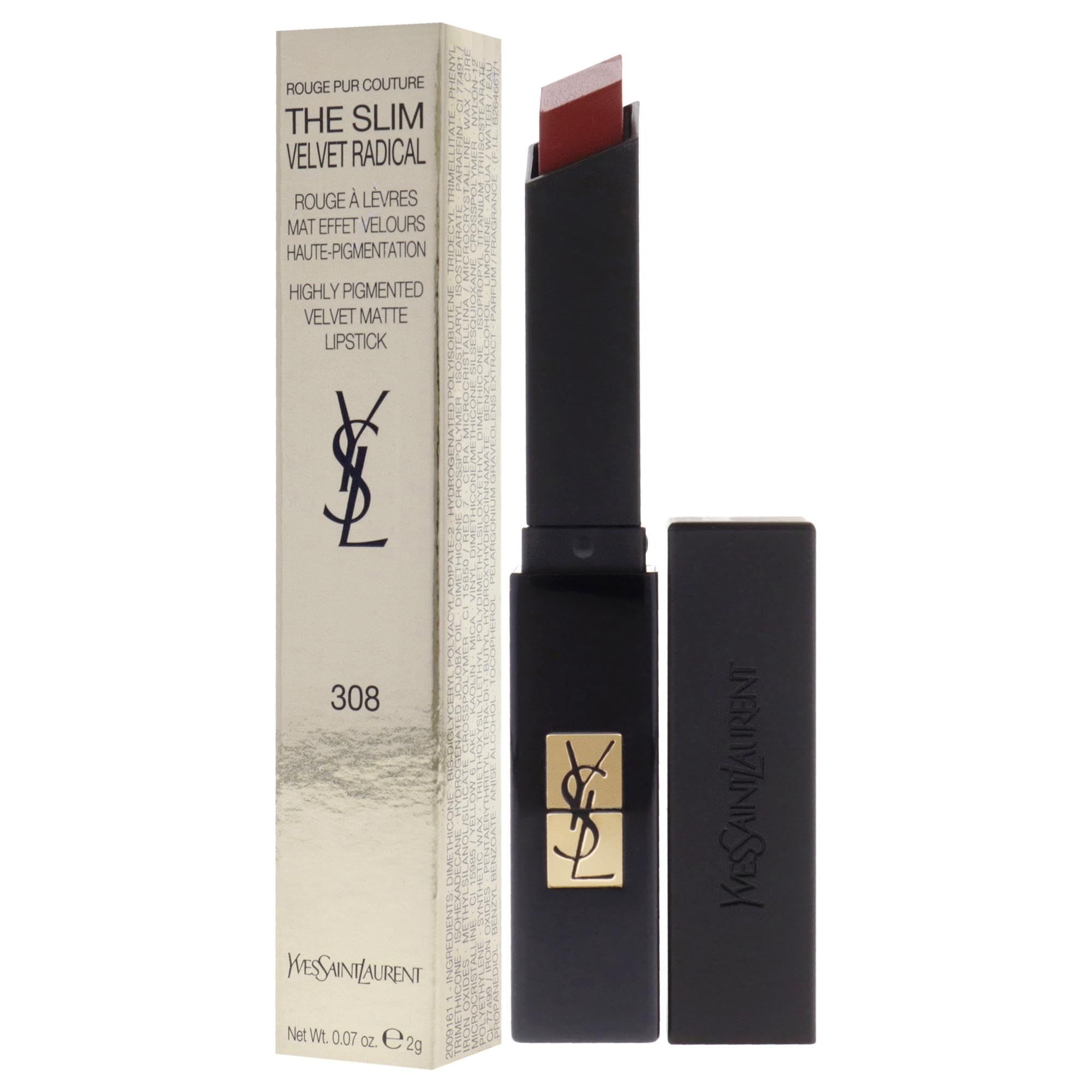 Schwarzer Lippenstift mit geöffneter Kappe und Verpackung. Auf der Verpackung steht Yves Saint Laurent.