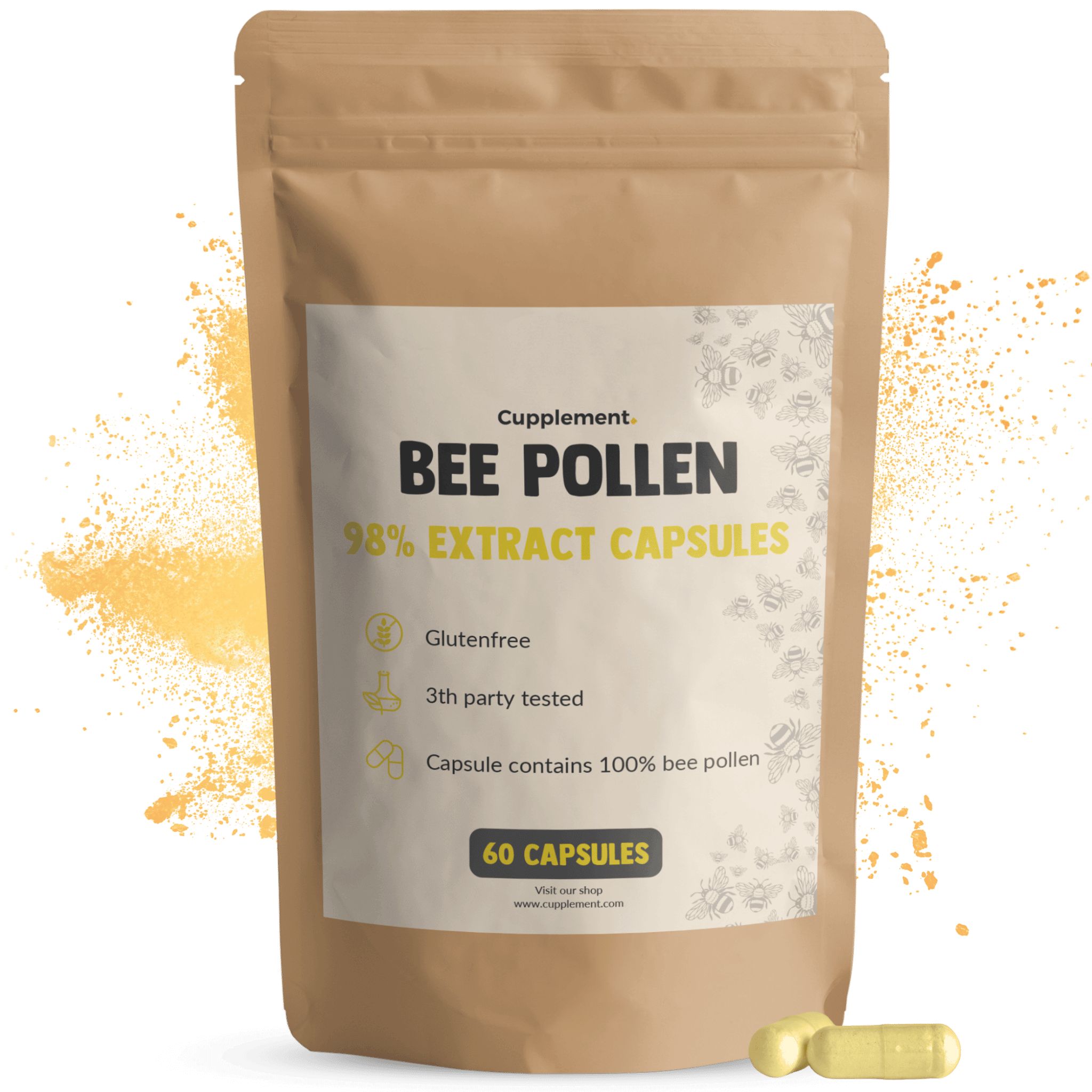 Beutel mit Kapseln. Aufschrift: Bee Pollen, 98% Extract Capsules. 60 Kapseln. Glutenfrei. 3rd party tested.