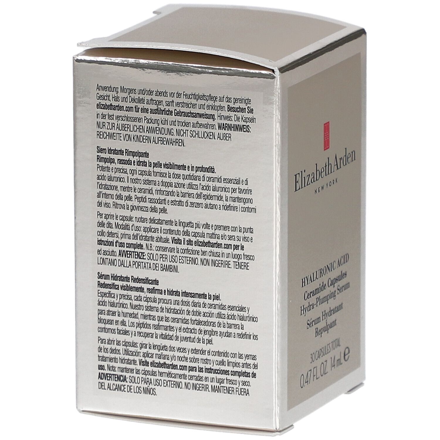 Silberfarbene Faltschachtel mit Text. Elizabeth Arden, Hyaluronsäure Ceramide Kapseln. 0.47 FL.OZ. 14 ml.