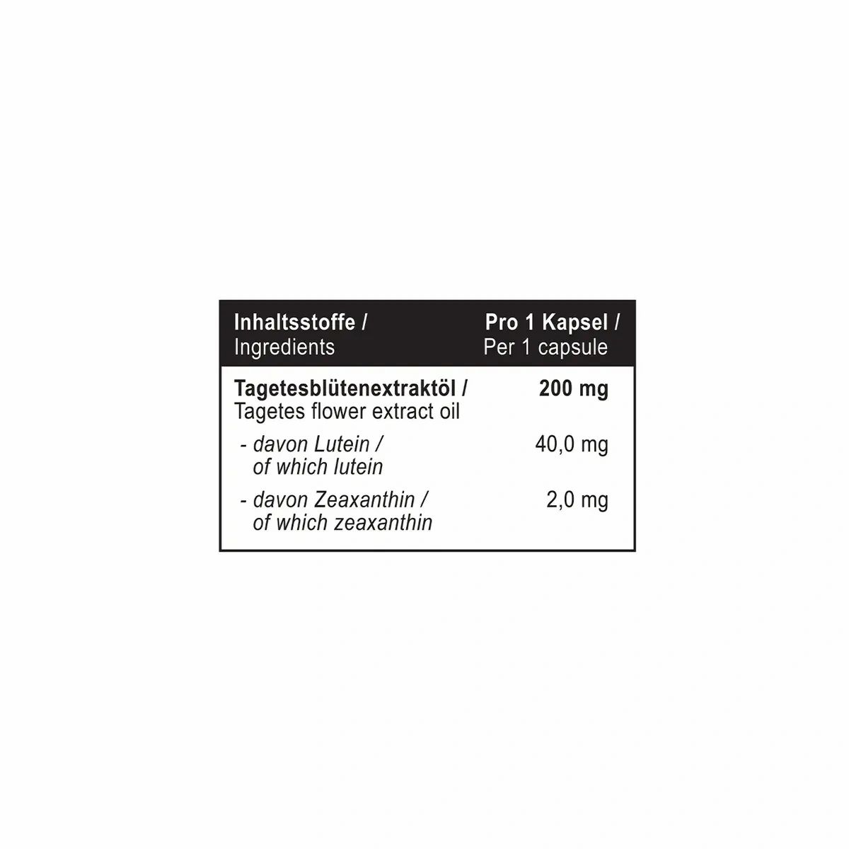 Flasche mit MST Lutein + Zeaxanthin 40 mg Nahrungsergänzungsmittel, Rückseite mit Zutatenliste.