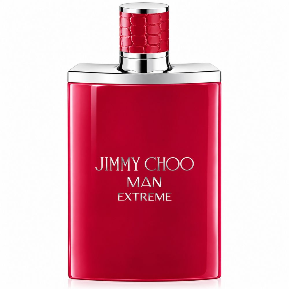 Jimmy Choo Man Extreme Eau de Parfum Flakon und Verpackung. Rote Krokodilleder-Textur.