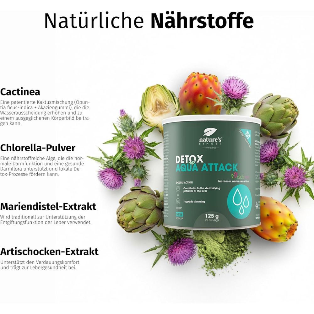 Nature's Finest Detox Aqua Attack Dose mit Darstellung natürlicher Inhaltsstoffe.