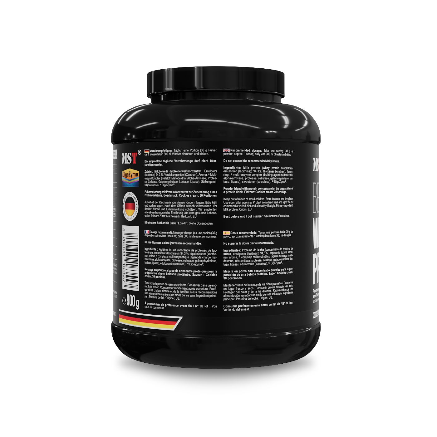 Rückseite eines schwarzen MST Best Whey Protein Behälters mit mehrsprachigen Produktinformationen und Siegeln.