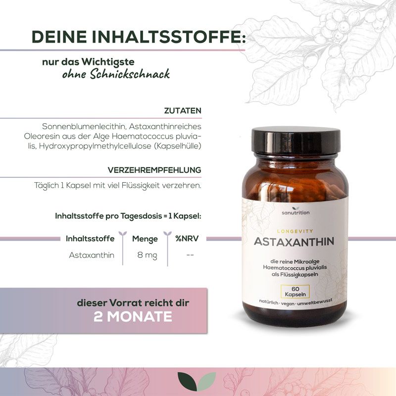 Glasflasche mit "Astaxanthin" und "sanutrition". 60 Kapseln. Inhaltsstoffe: Astaxanthin 8 mg. Empfehlung: 1 Kapsel täglich.