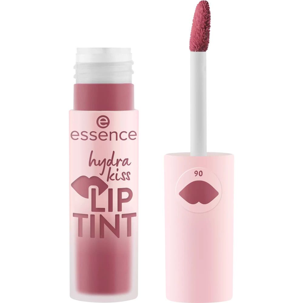Lippentint-Tube, geöffnet. Pinsel. Aufschrift: essence, hydra kiss, LIP TINT. Lippen-Symbol. Farbnummer 90.