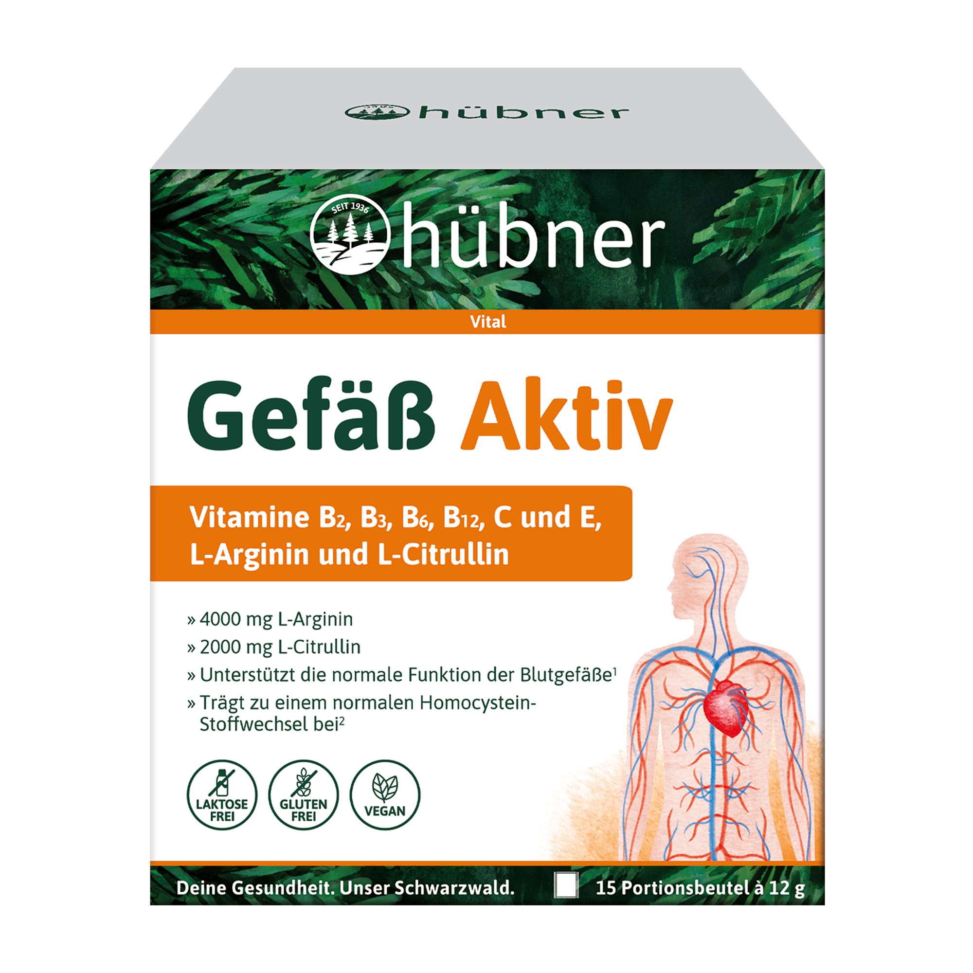 Karton von Hübner Gefäß Aktiv. Enthält 15 Portionsbeutel. Aufschrift: Vitamine B2, B3, B6, B12, C und E, L-Arginin und L-Citrullin. Mit Siegeln für Laktose-, Glutenfreiheit und Vegan.