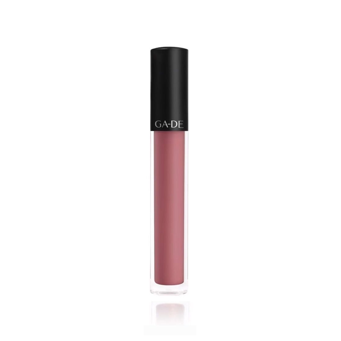 Ga-De Velveteen Matte Lipcolor. Rosa Lippenfarbe in einer transparenten Flasche mit schwarzem Deckel. Der Markenname ist auf dem Deckel aufgedruckt.