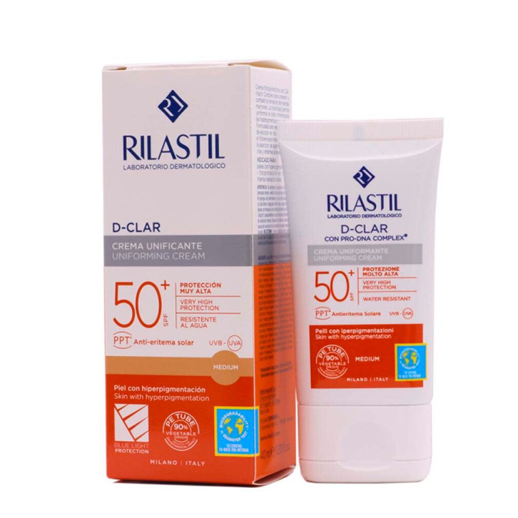 RILASTIL® D-CLAR Creme und Verpackung. SPF 50+. Sehr hoher Schutz. Für empfindliche Haut mit Hyperpigmentierung.
