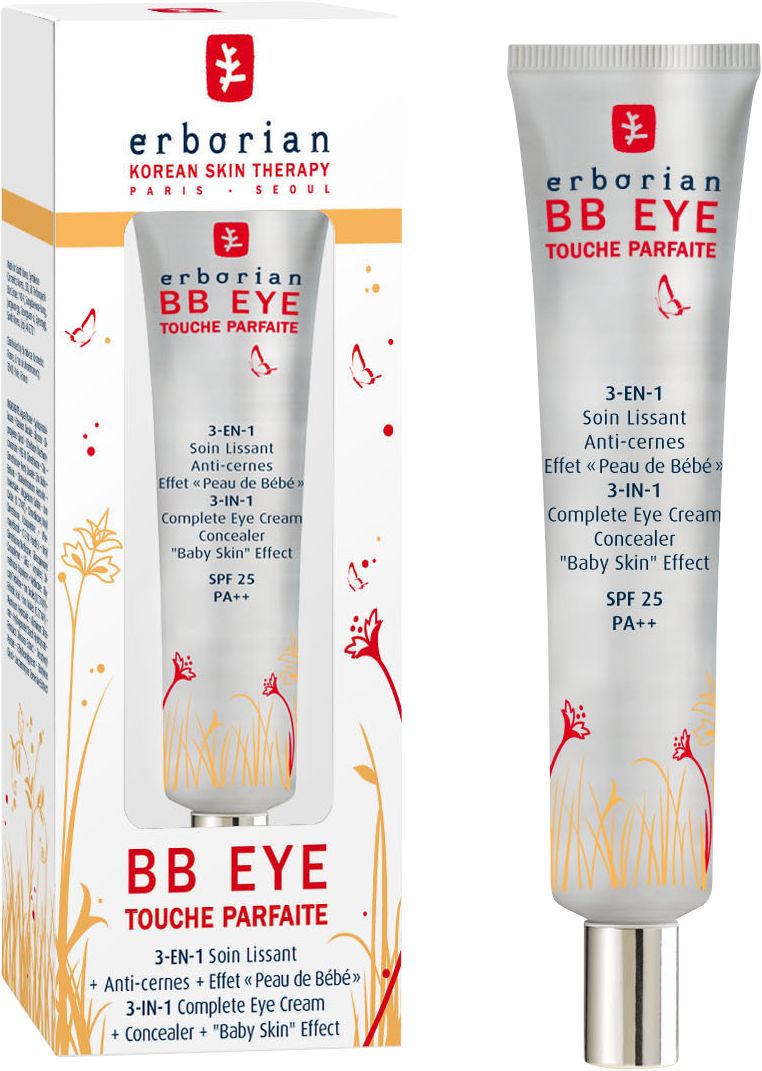 Erborian BB Eye Touche Parfaite, Tube und Verpackung. Text: BB EYE, 3-in-1, SPF 25.