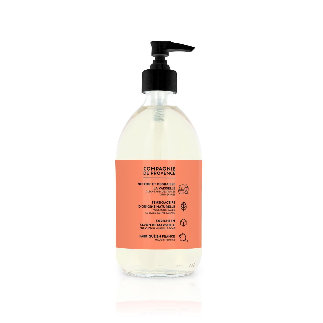 Transparente Flasche mit schwarzem Spender. Etikett mit Text: NETTOIE ET DÉGRAISSE LA VAISSELLE, origine naturelle.