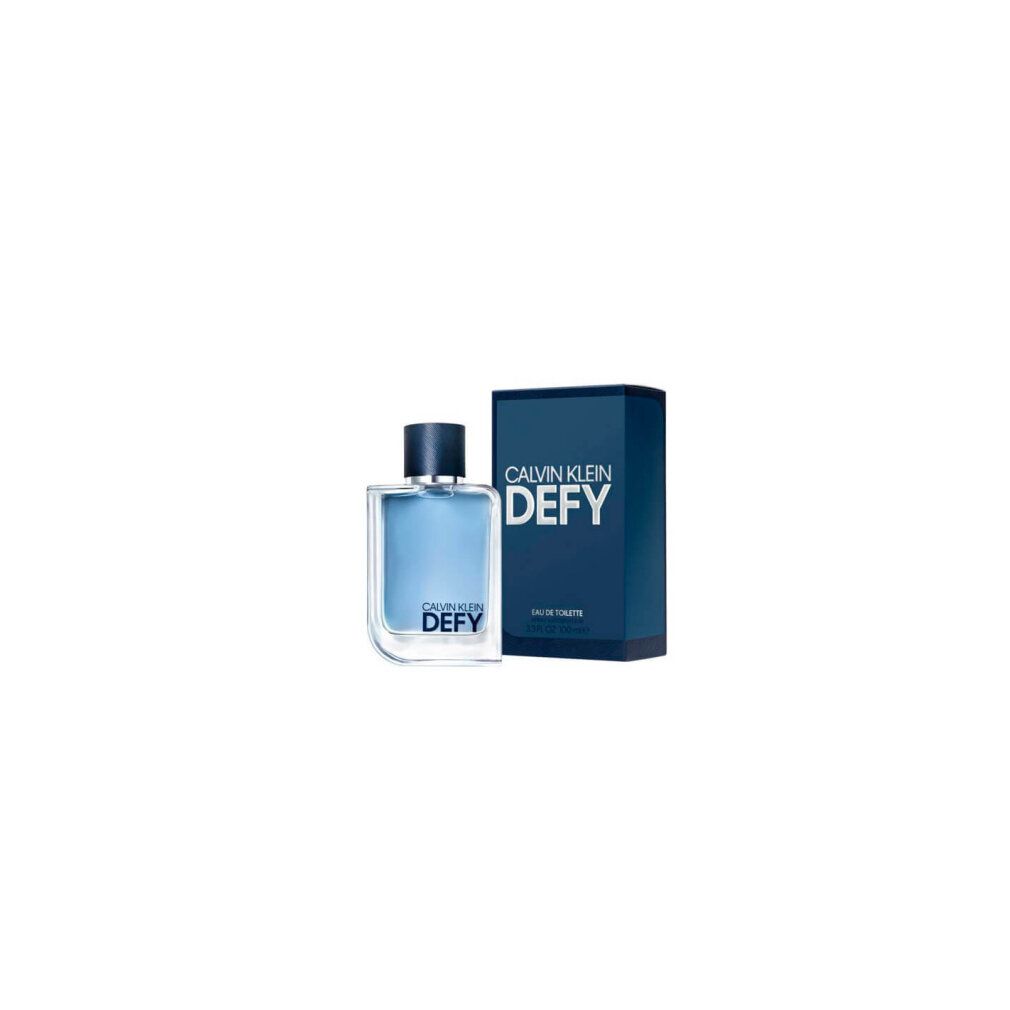 Blauer Flakon und Schachtel. Aufschrift: Calvin Klein Defy. Eau de Toilette.