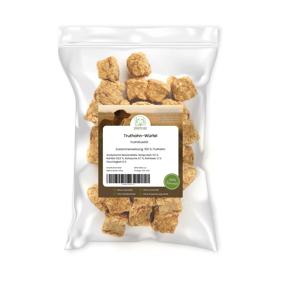 Hundefutter: Truthahn-Würfel in transparenter Verpackung. 100% Truthahn.