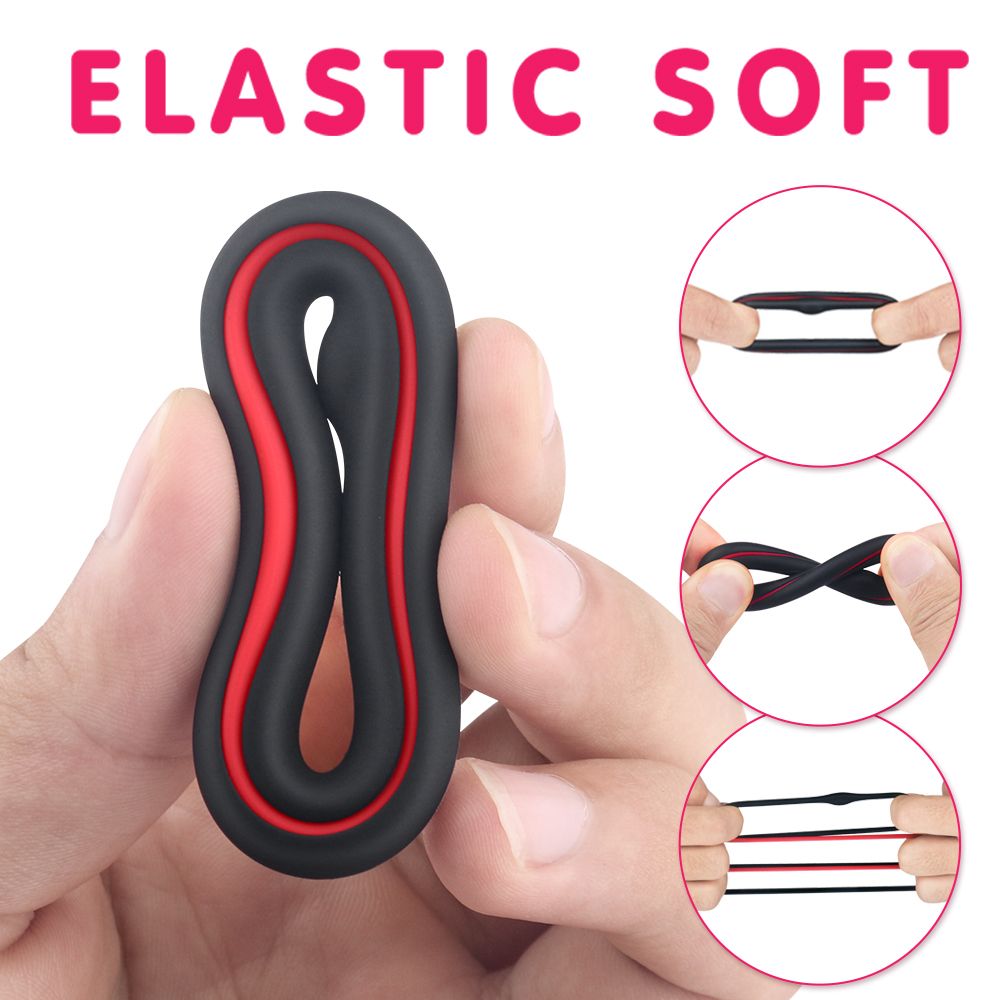 Drei Bilder zeigen die Flexibilität von Penisringen. Schwarzer Ring mit roter Linie.