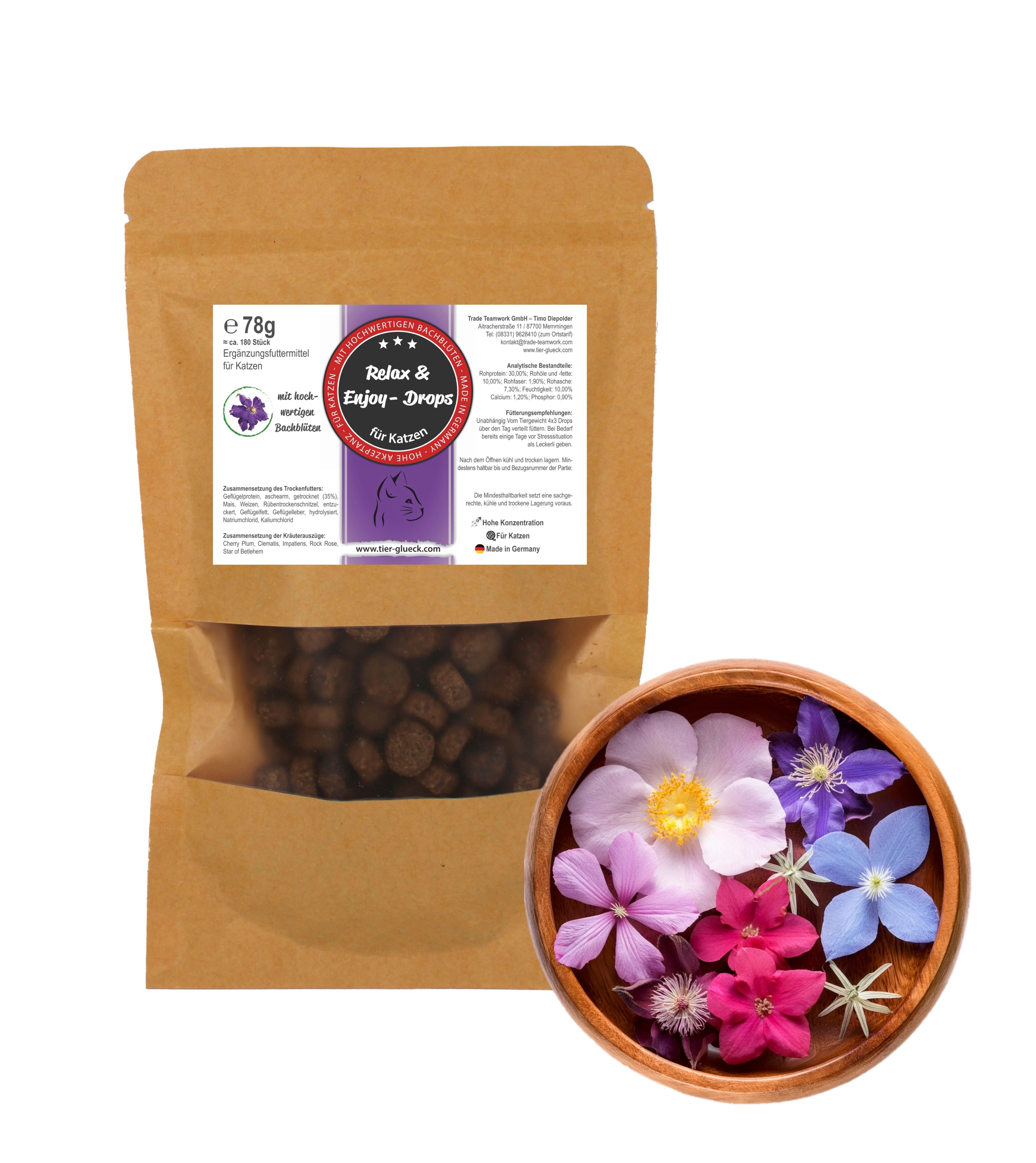 Beutel mit Tropfen neben Schale mit Blüten. Aufdruck: Relax & Enjoy-Drops für Katzen. 78g.
