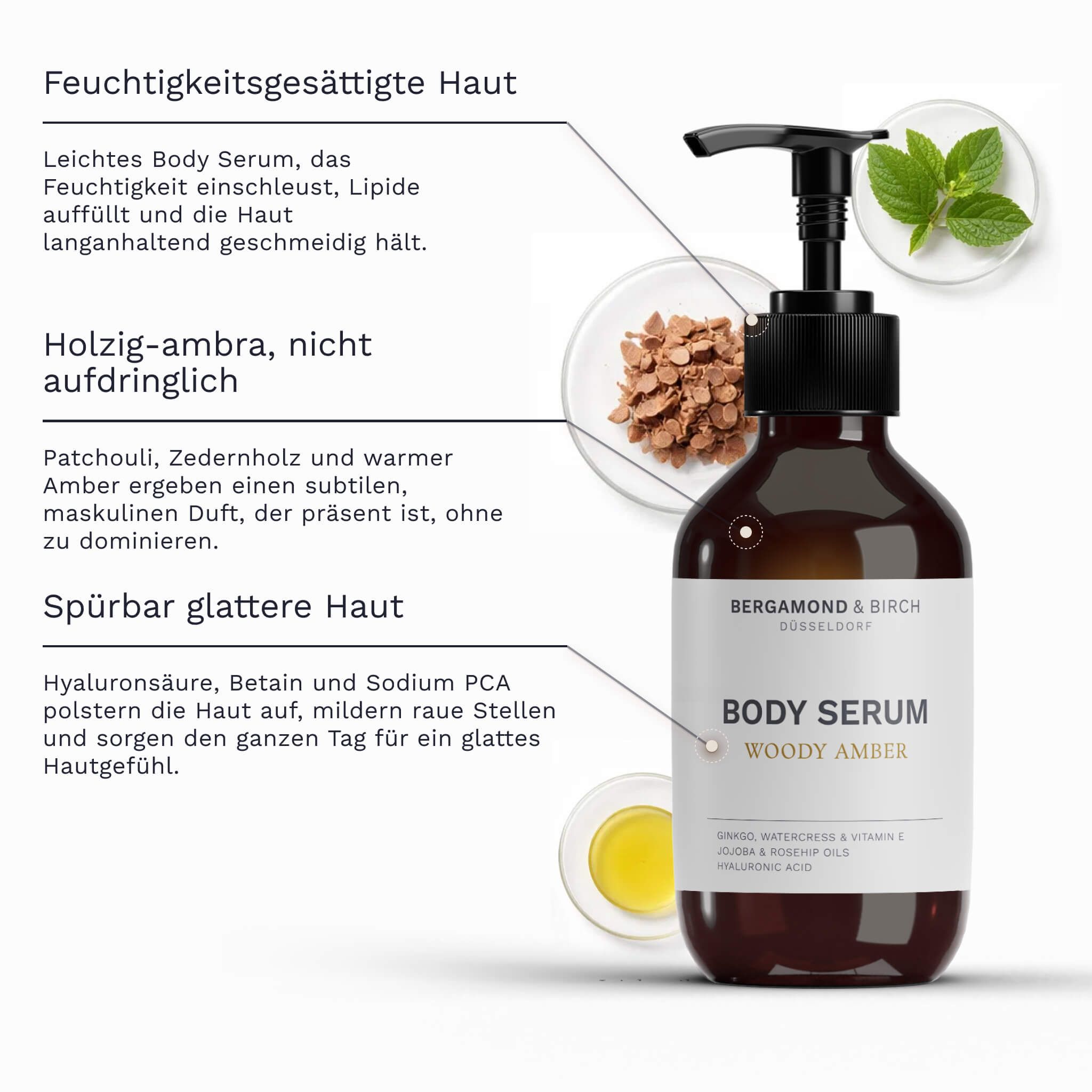 Braune Flasche mit schwarzem Pumpverschluss. Beschriftung: Body Serum Woody Amber. Zutaten- und Produktinformationen.
