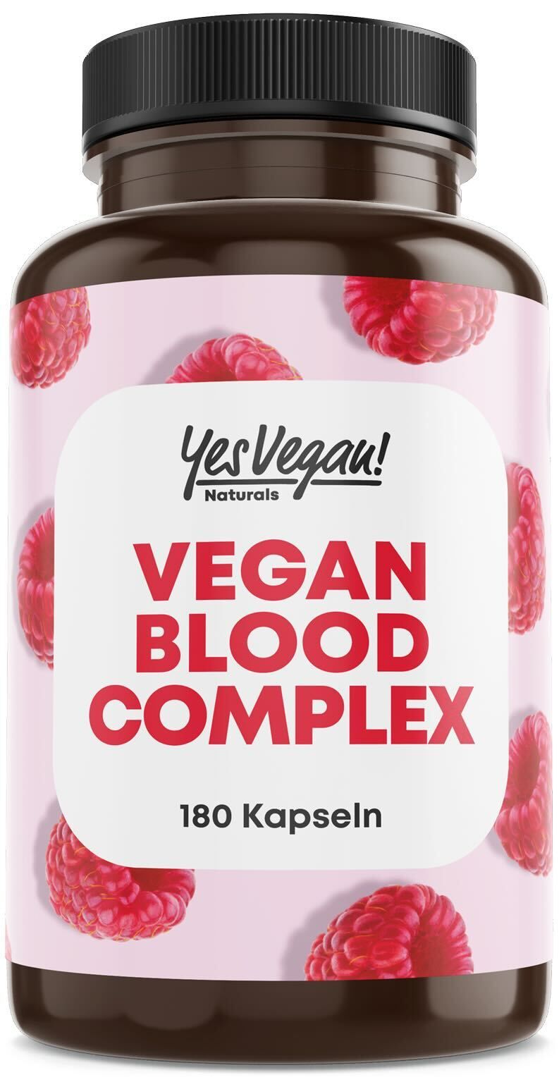 Braune Flasche mit Kapseln. Aufschrift: Vegan Blood Complex. 180 Kapseln. Himbeeren-Design. Vegan-Siegel.