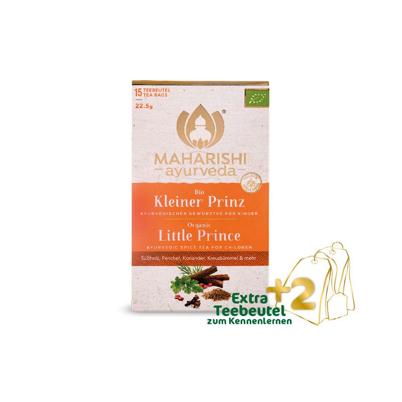 Verpackung mit Teebeuteln. Aufschrift: Maharishi Ayurveda, Kleiner Prinz, Organic. Mit 2 Extra Teebeuteln.