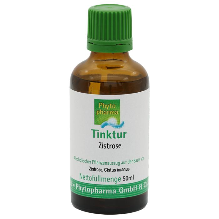 Braune Glasflasche mit grünem Verschluss. Etikett mit "Tinktur Zistrose" und "Phytopharma".