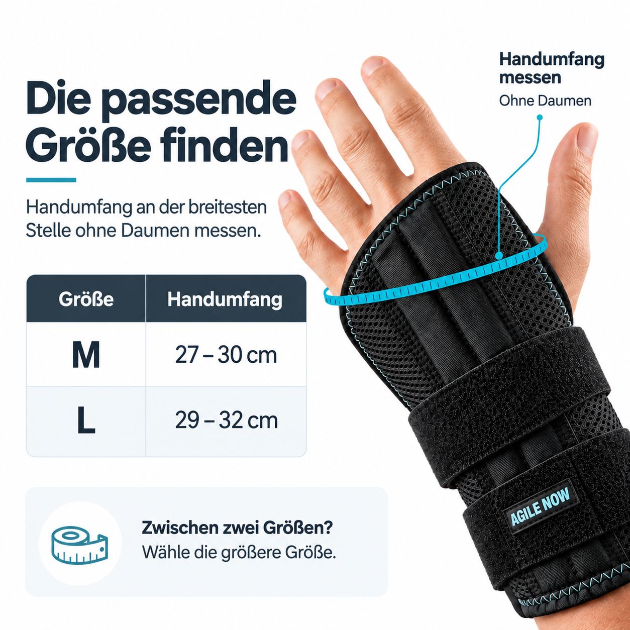 Größentabelle für Handgelenkbandagen: M (27-30cm), L (29-32cm). Messanleitung für Handumfang.