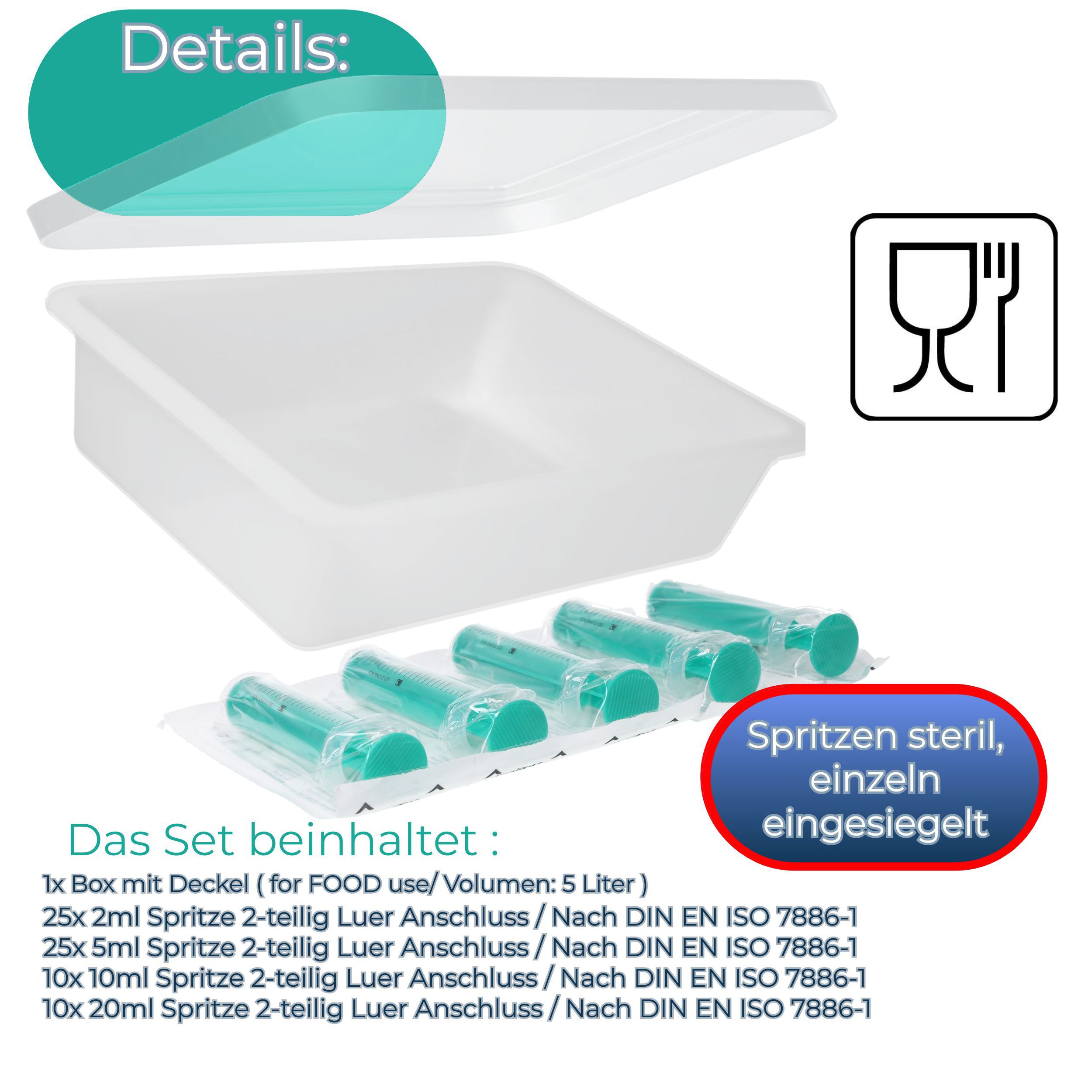 Box mit Deckel. Einzeln verpackte, sterile Spritzen. Text: "Spritzen steril, einzeln eingeschweißt".