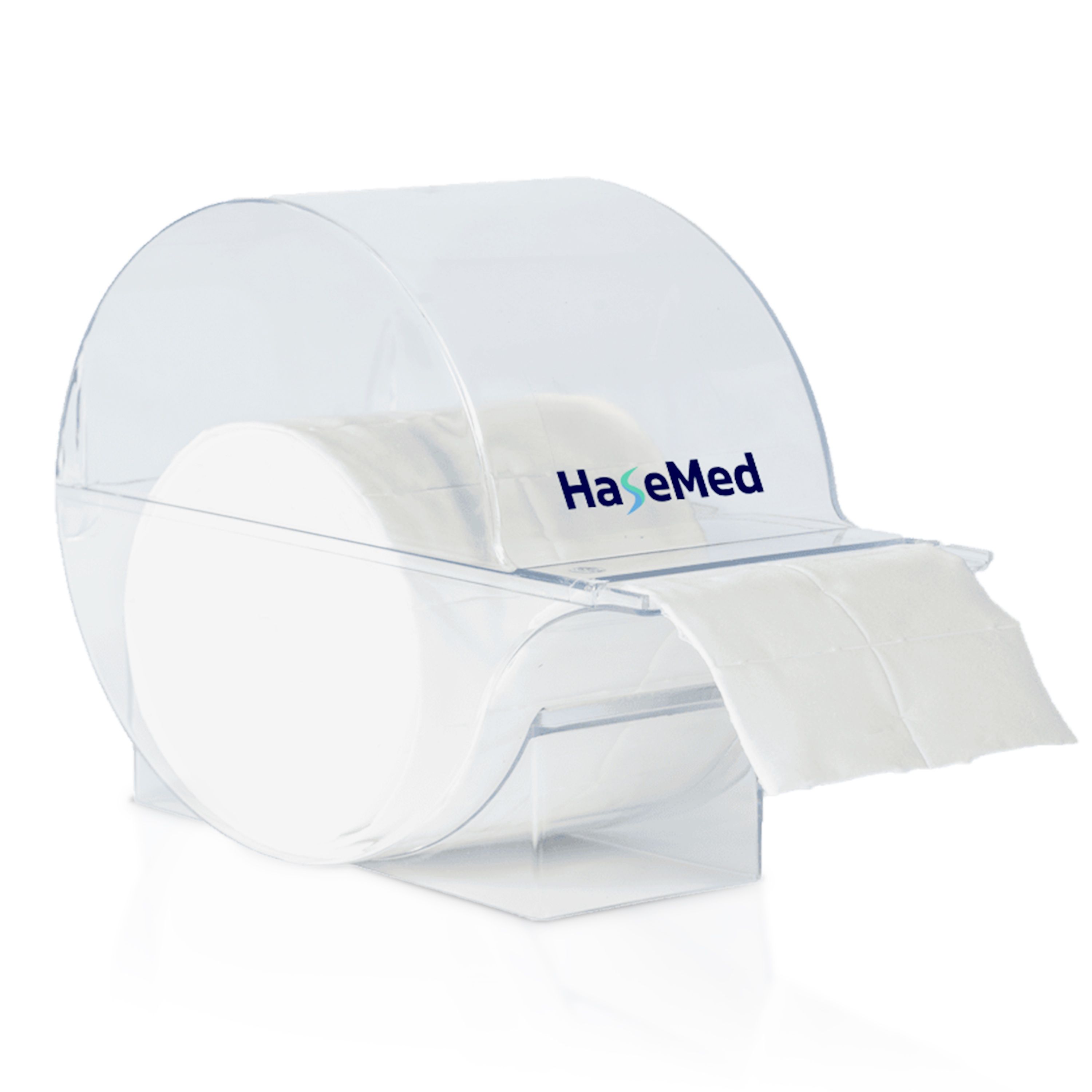 Transparente Zellstofftupferbox mit "Ha eMed"-Logo. Enthält eine Rolle Zellstofftupfer, einige sind entnommen.