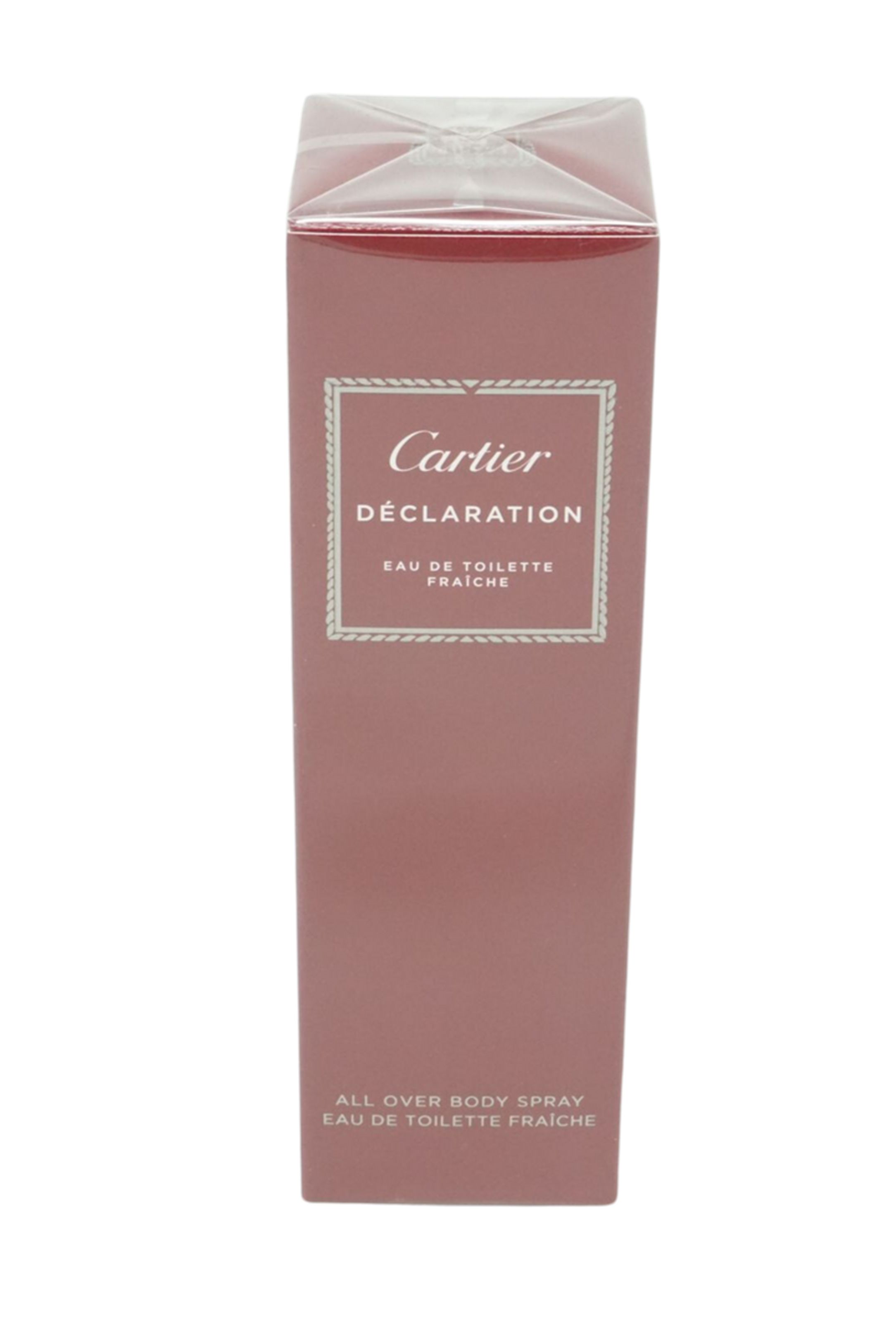 Cartier Declaration Eau de Toilette fraiche All Over Body. Rosa Verpackung mit weißem Schriftzug. Deckel aus transparentem Kunststoff.