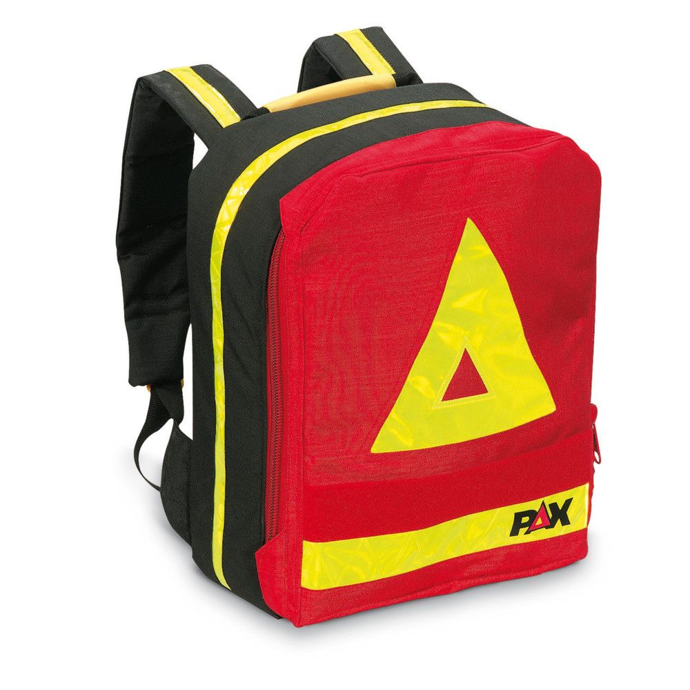 Geschlossener Notfallrucksack. Rotes und schwarzes Gehäuse mit gelben Streifen und Dreieck. PAX-Logo sichtbar.