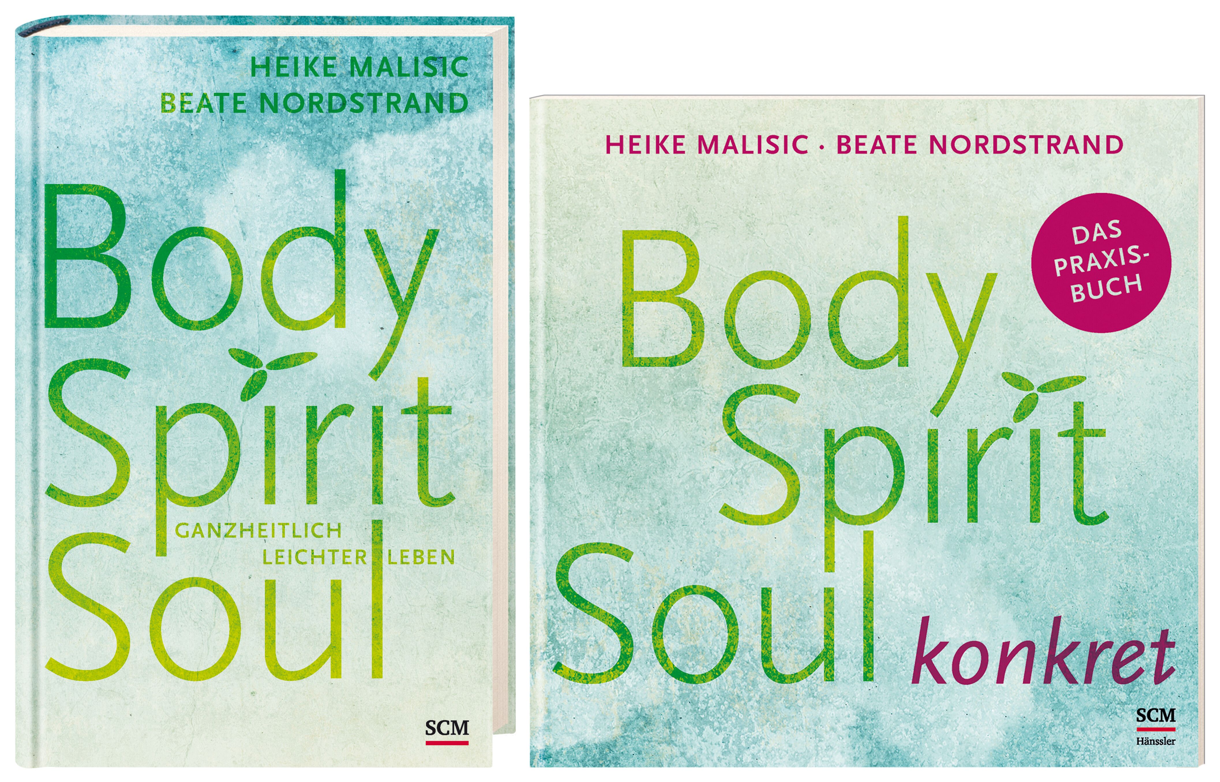 Zwei Bücher: „Body Spirit Soul“. Titel in Grün. Autoren: Heike Malisic, Beate Nordstrand. Ein Buch mit dem Zusatz „konkret“ und „Praxis-Buch“.