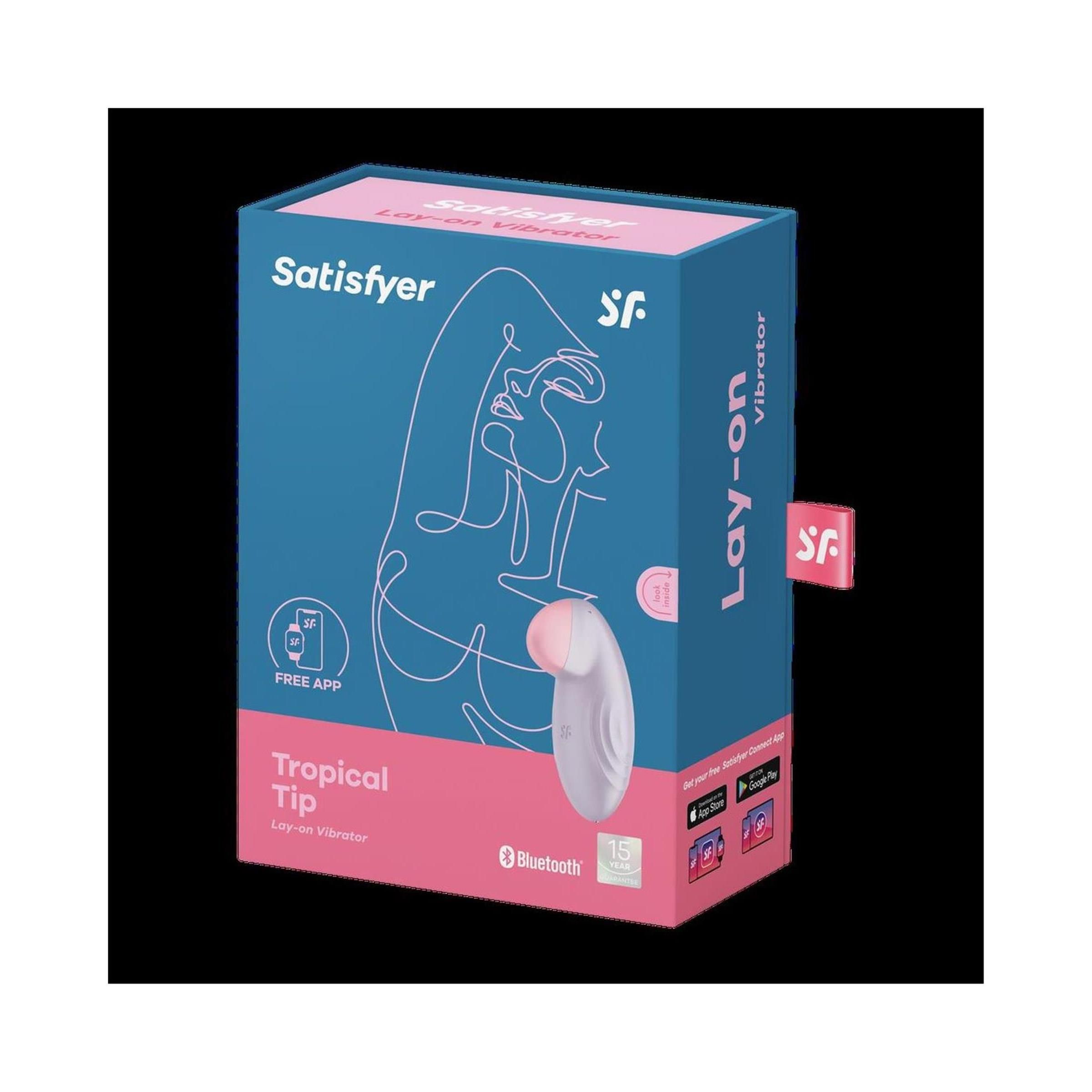 Verpackung des Vibrators. Blau-rosa Box mit Produktabbildung und Schriftzug "Satisfyer Tropical Tip". Bluetooth-Logo.