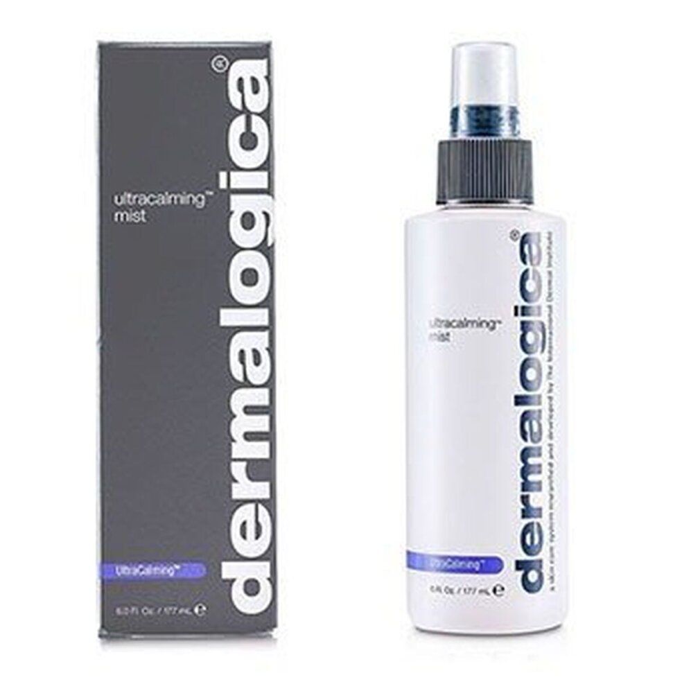 Produktflasche und Schachtel. Aufschrift: UltraCalming Mist, dermalogica. Graue Schachtel.