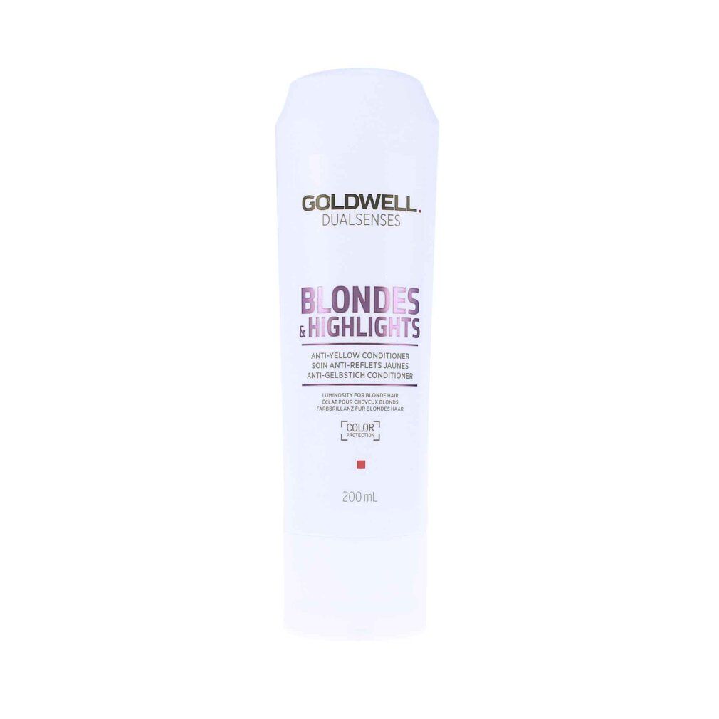 Weiße Tube Goldwell Dualsenses Blondes & Highlights Anti-Gelbstich Conditioner. 200ml. Produktabbildung.